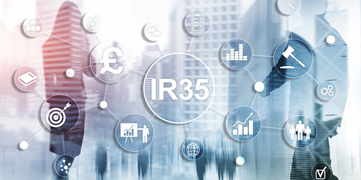 IR35 spider diagram with related images stemming out in front of a corporate image of people.