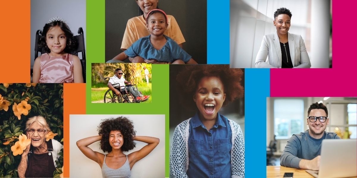 Various pictures of people on colourful backgrounds
