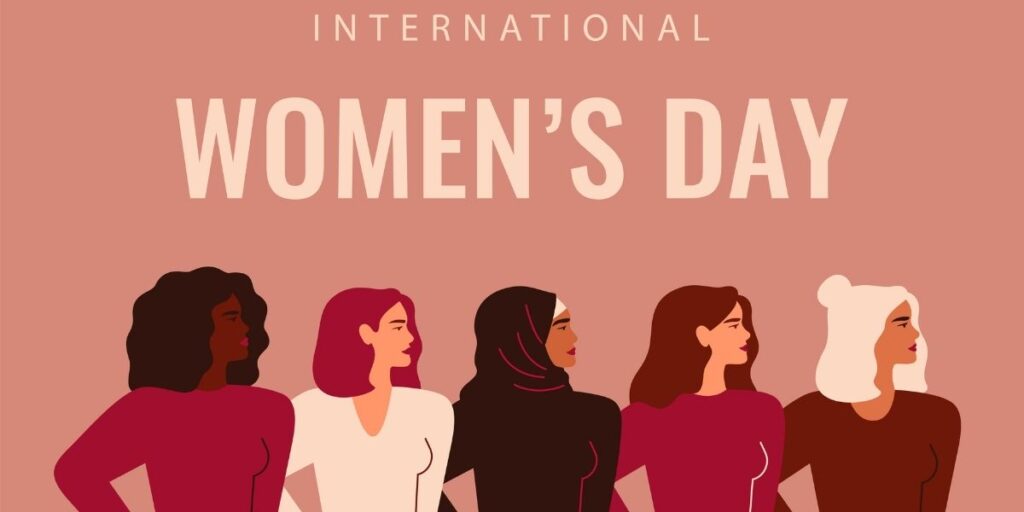 International Women's Day wth various drawings of women.