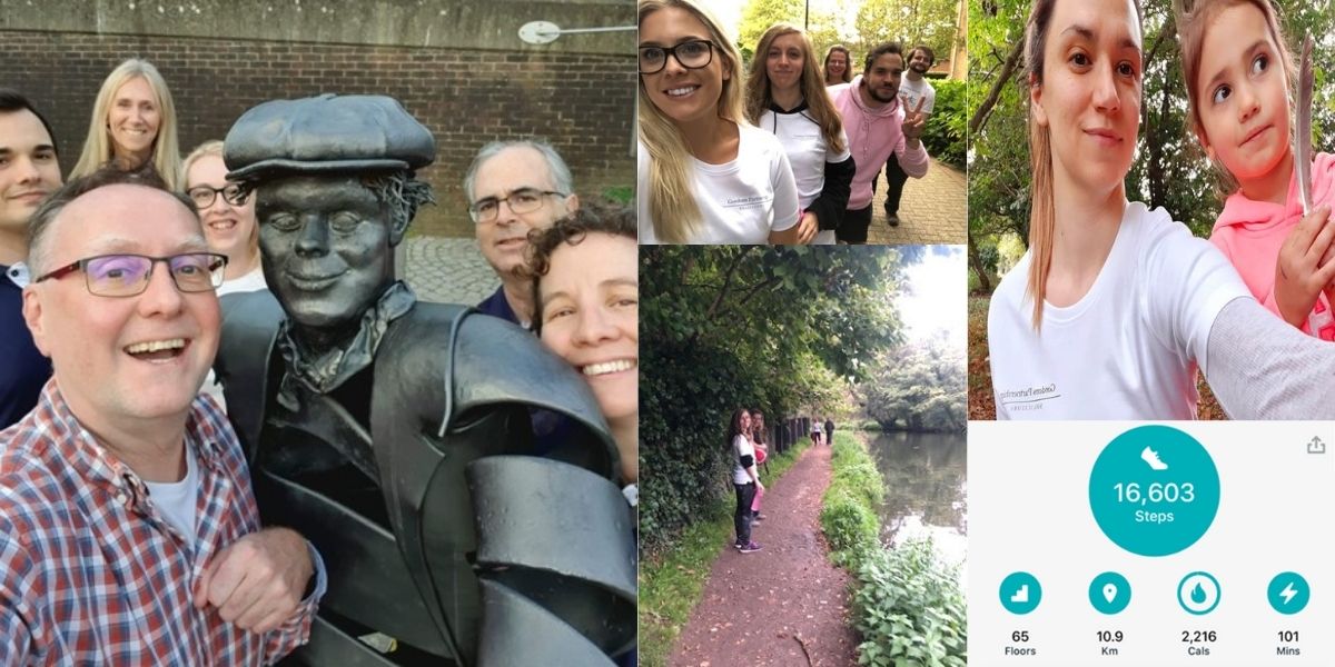 Various photos of the Gordons team on a walk.