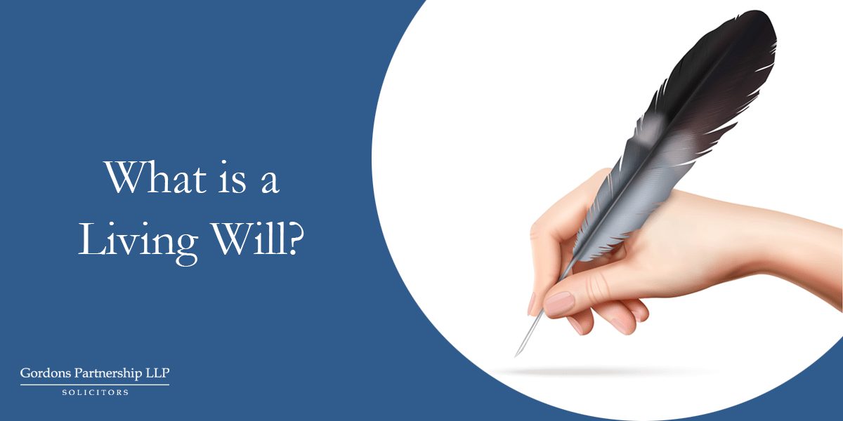 "What is a living will" with a hand and quill