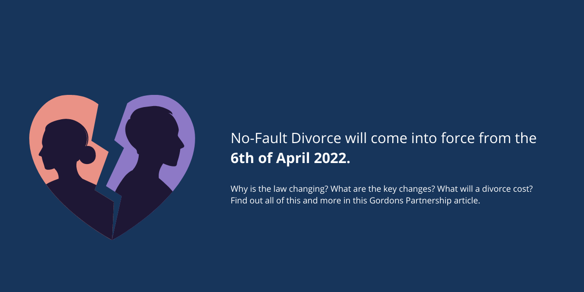 Graphic with man and woman in two halves of a broken heart on navy blue background with no-fault divorce title.