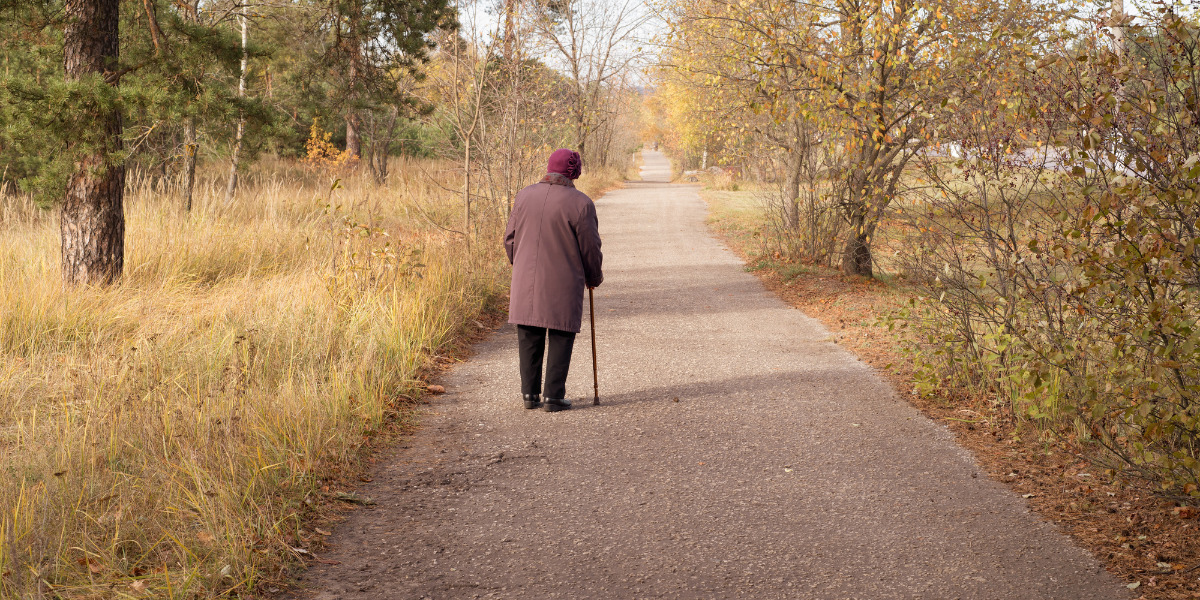 Old man walking alone on a forest path.