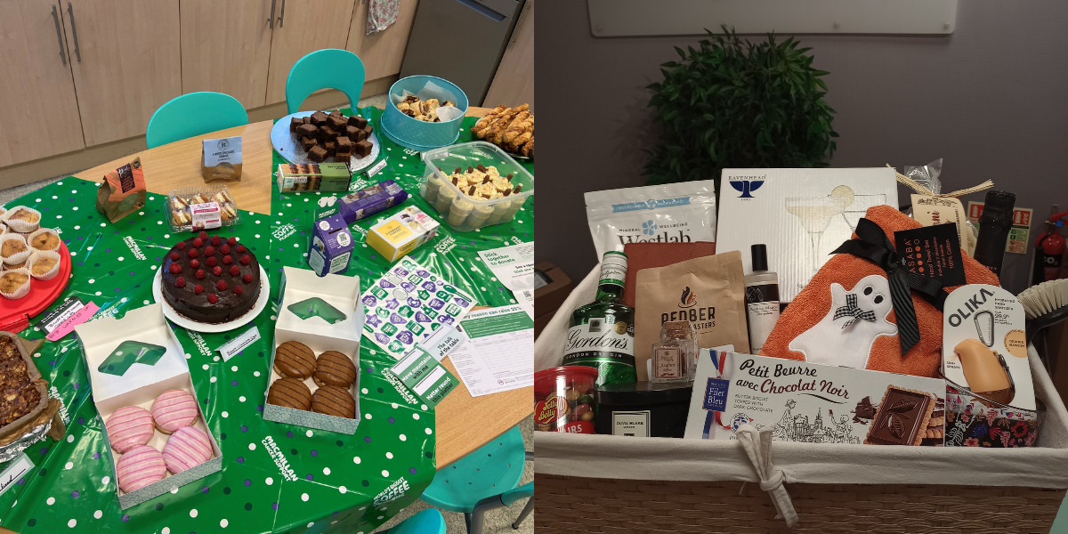 Macmillan Cancer Support table with various cakes and goods.