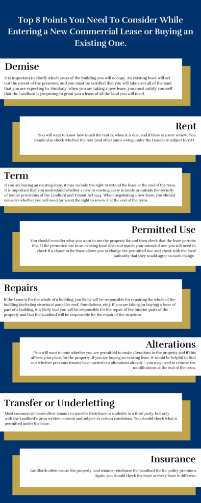 "Top 8 points you need to consider while entering a new commercial lease of buying an existing one" infographic