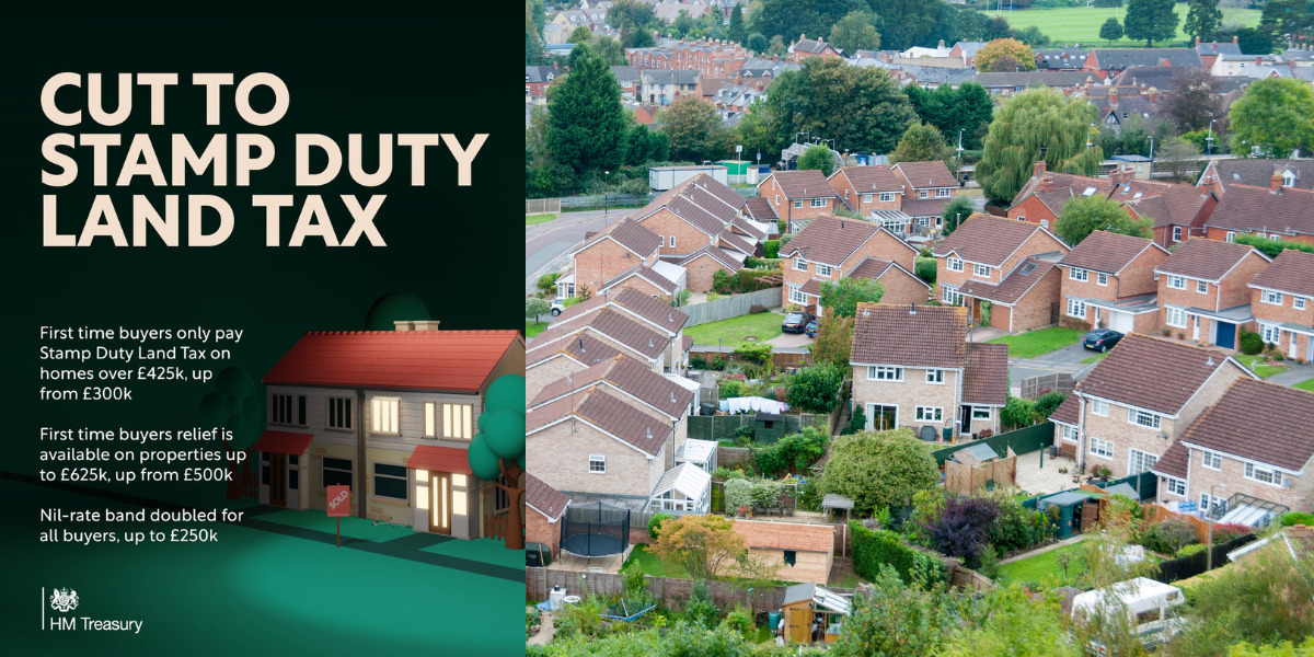 "Cut to stamp duty land tax" with a photo of residential housing.