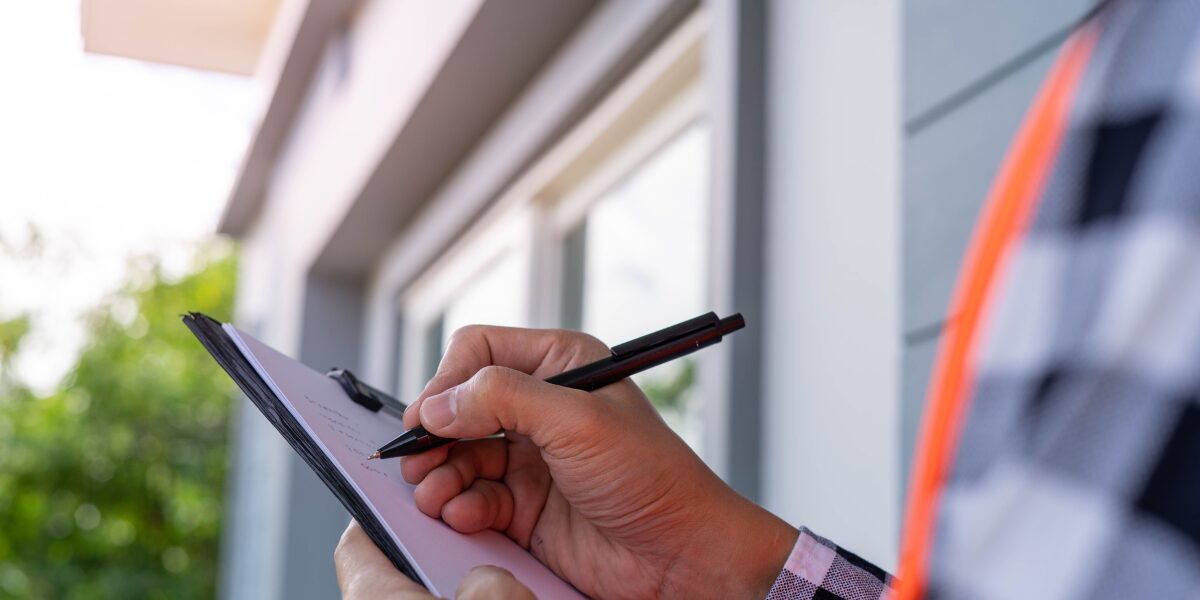A person diligently writes on a clipboard with a pen during an Ofsted inspection for supported accommodation.